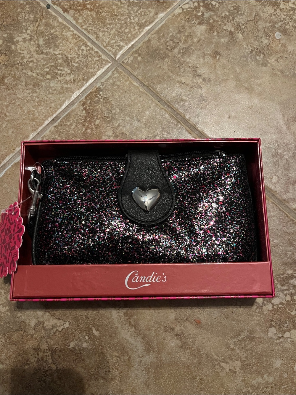 Candie's Black Glitter Wristlet with Heart Accent NEW